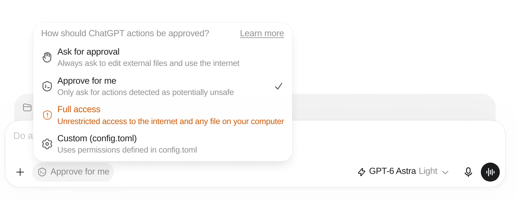 Меню разрешений Codex: Ask for approval, Approve for me, Full access и Custom