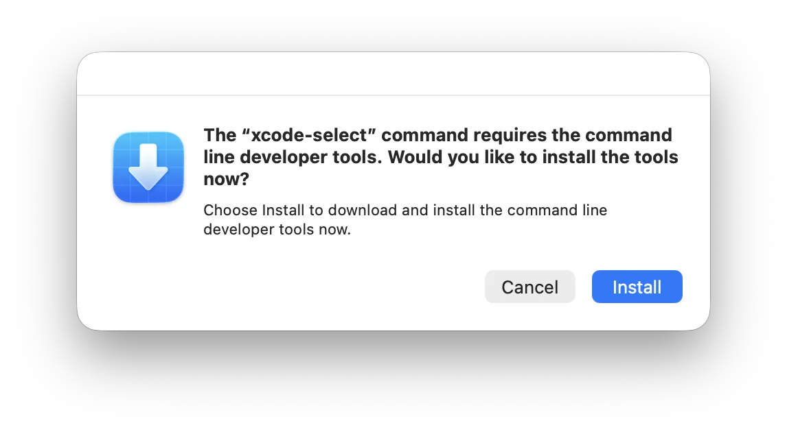 Окно macOS: команда требует инструменты разработчика, кнопки Cancel и Install