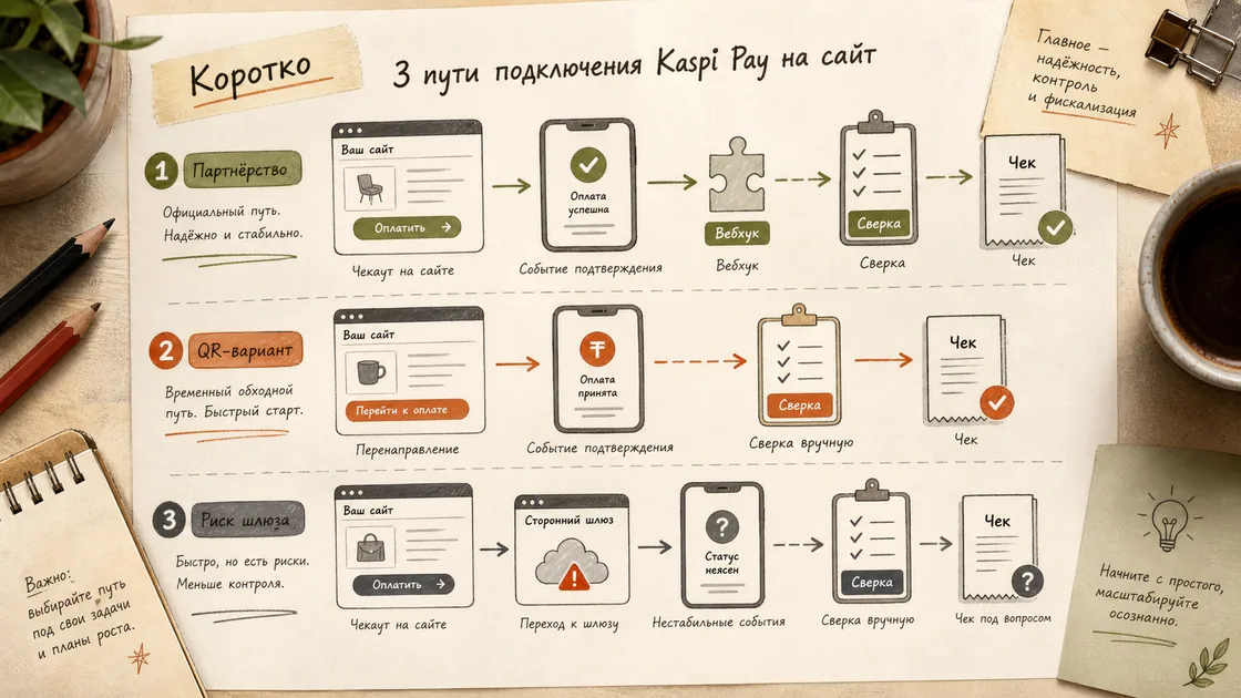Доска выбора с тремя путями подключения Kaspi Pay: партнёрство, QR-вариант и риск шлюза со сверкой и чеком