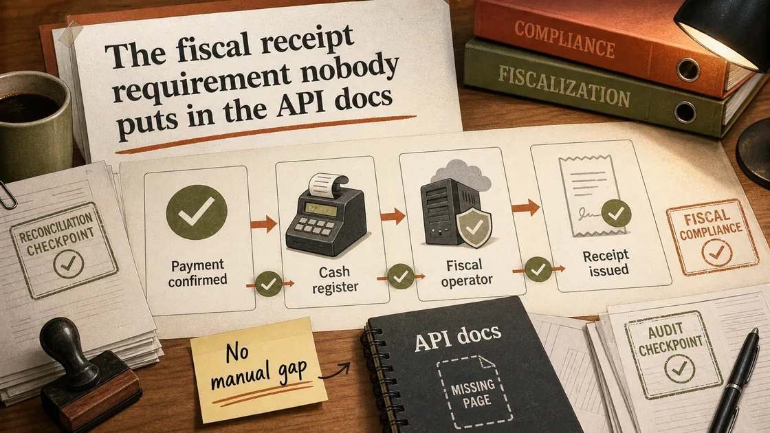 Fiscal compliance workflow linking payment confirmation, cash register, fiscal operator, receipt issuance, and a no-manual-gap warning