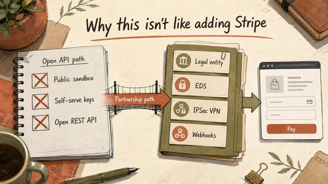 Notebook diagram crossing out public sandbox, self-serve keys, and open REST API before showing the partnership path through EDS, IPSec VPN, and webhooks