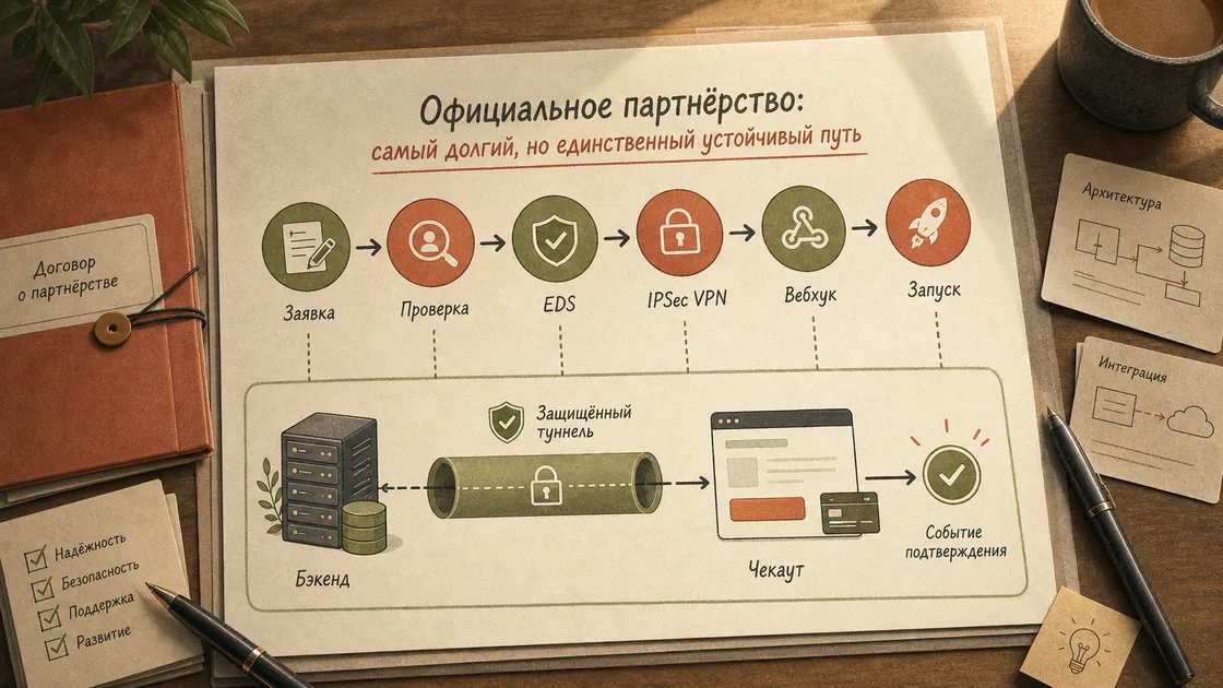 Маршрут официального партнёрства от заявки и проверки до EDS, IPSec VPN, вебхука, чекаута и события подтверждения