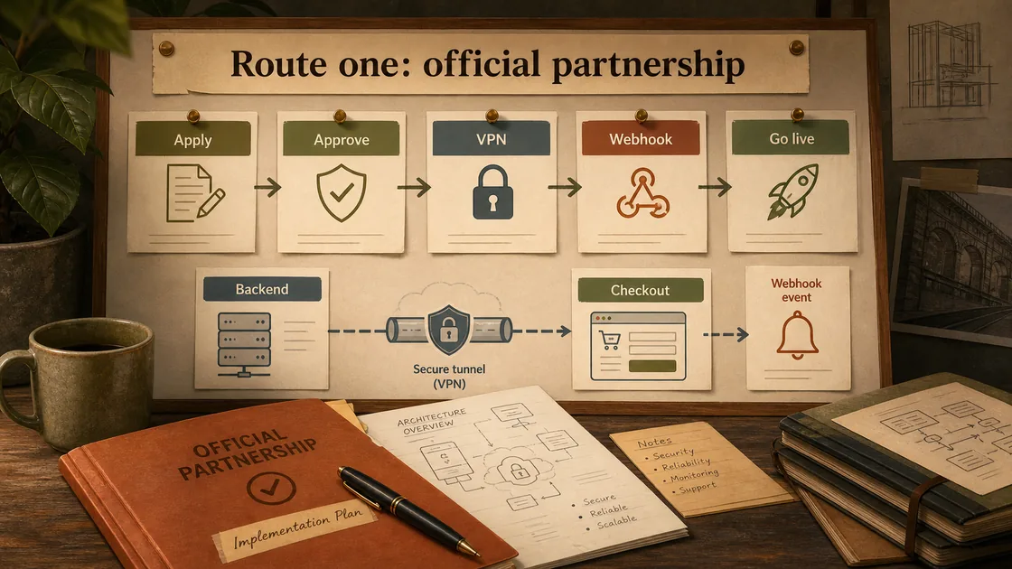 Implementation timeline for official partnership from application and approval to VPN, webhook event, backend checkout, and go-live