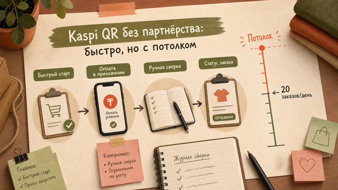 Схема QR-варианта без партнёрства: быстрый старт, оплата в приложении, ручная сверка, статус заказа и потолок по объёму