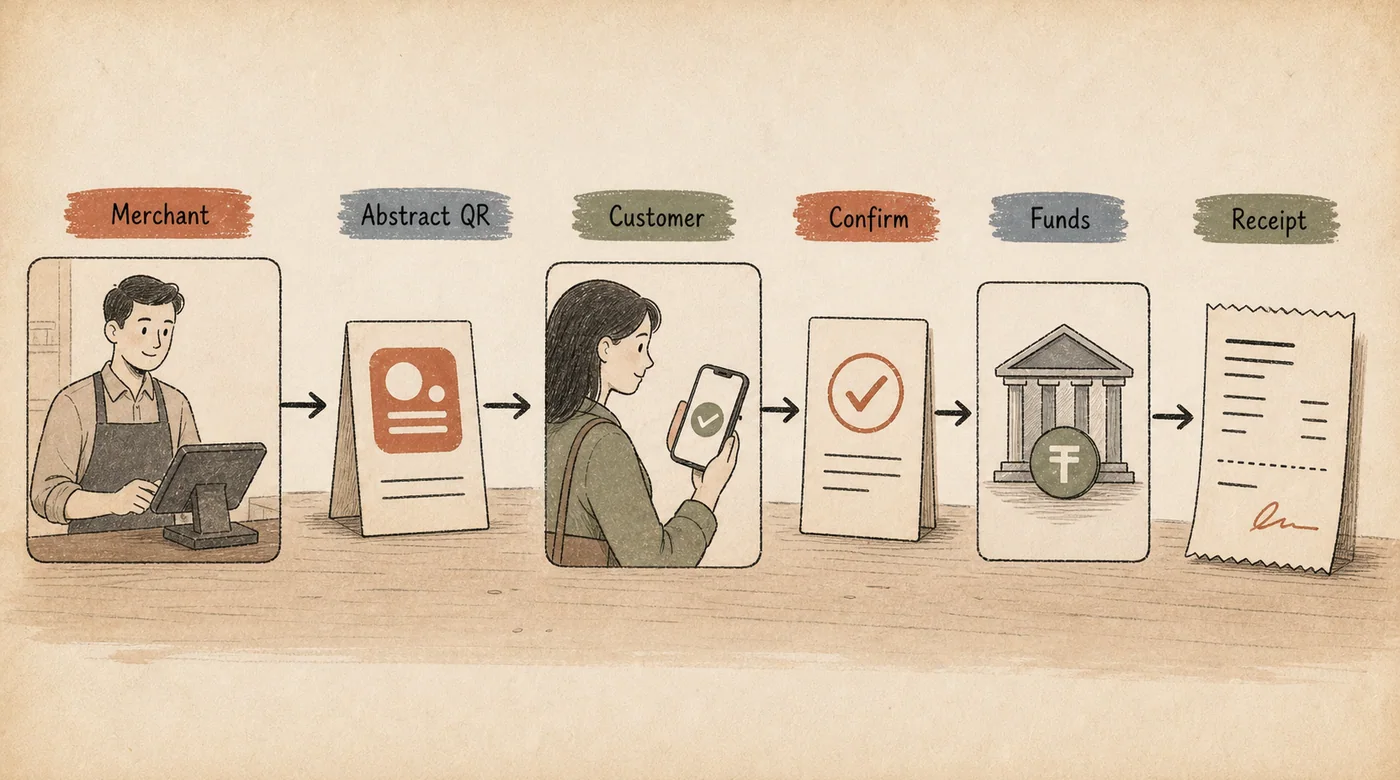 Kaspi QR checkout flow with merchant, abstract QR card, customer confirmation, funds, and receipt layer