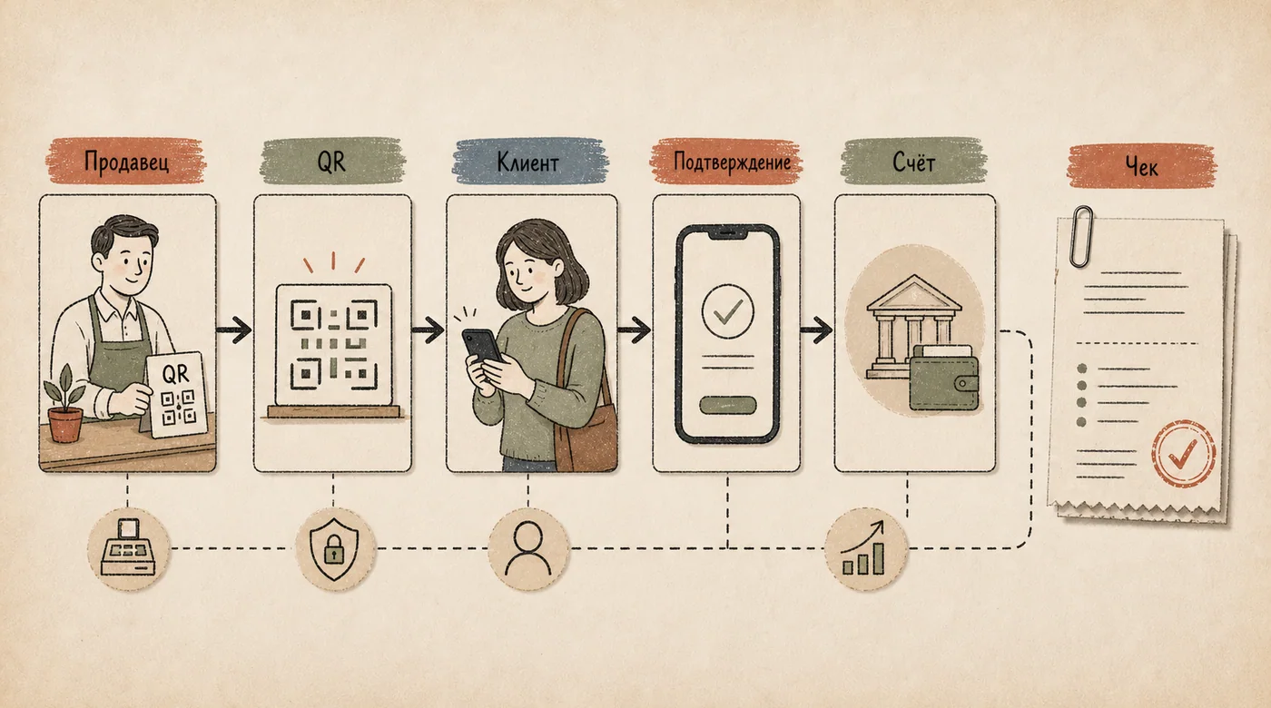 Схема оплаты Kaspi QR: продавец, QR, клиент, подтверждение, счёт и отдельный слой чека