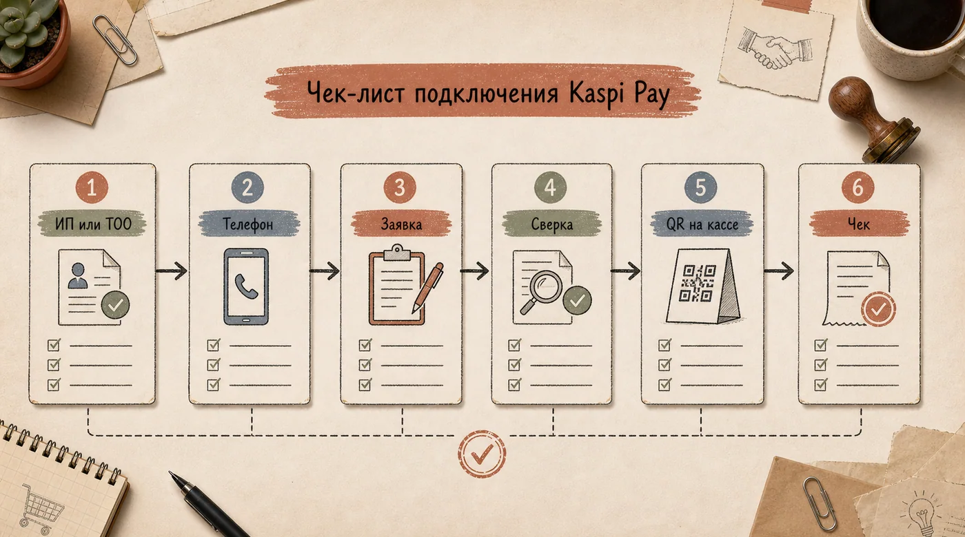 Чек-лист подключения Kaspi Pay: ИП или ТОО, телефон, заявка, сверка, QR на кассе и чек