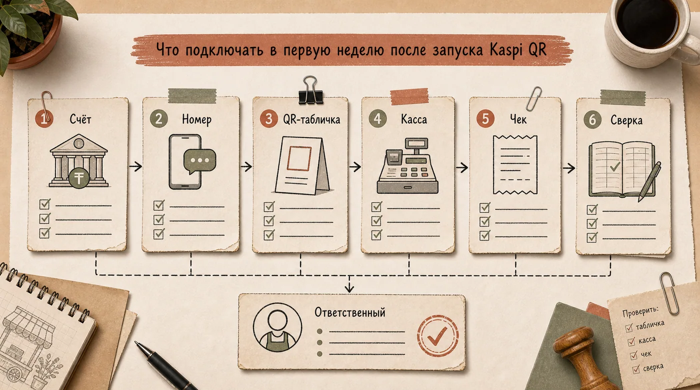 Доска первой недели после запуска Kaspi QR: счёт, номер, QR-табличка, касса, чек, сверка и ответственный