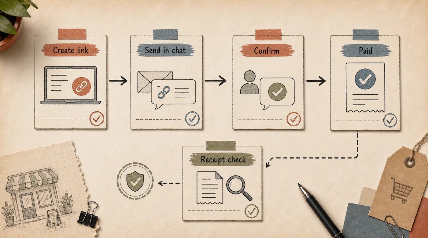 Remote payment link workflow from creating a link to chat delivery, customer confirmation, paid status, and receipt check