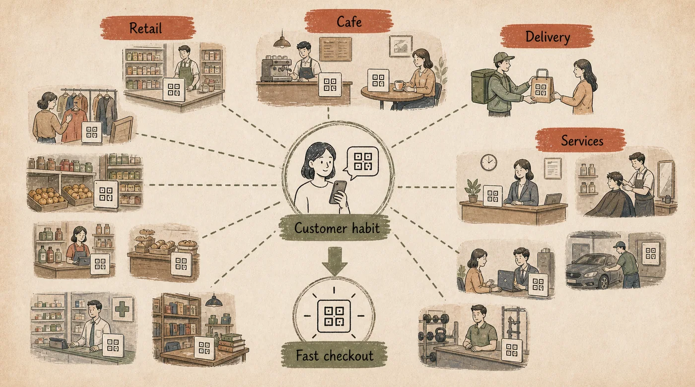 Merchant adoption map connecting retail counters, cafes, delivery, services, customer habit, and fast checkout