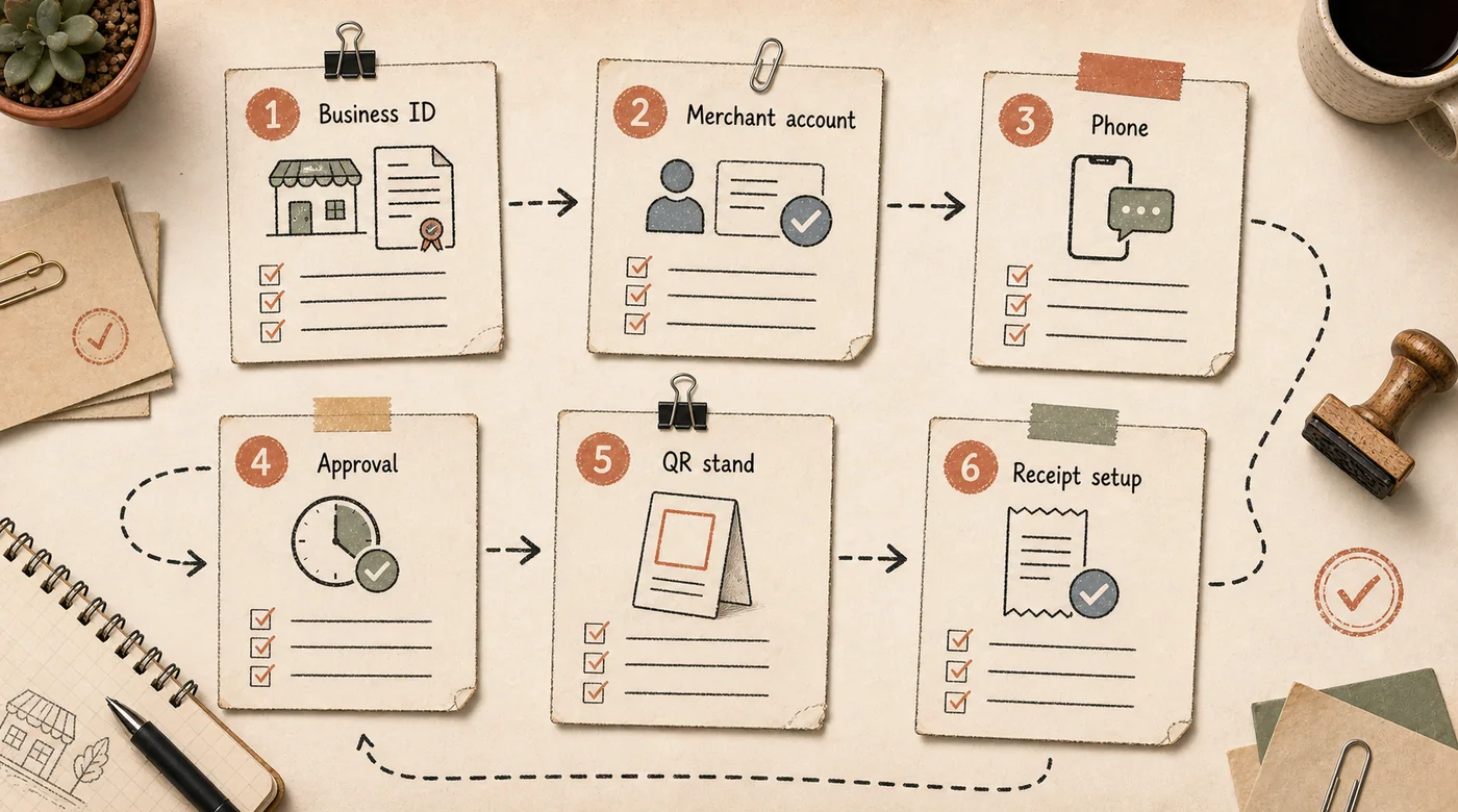 Merchant onboarding checklist with business ID, merchant account, phone, approval, QR stand, and receipt setup
