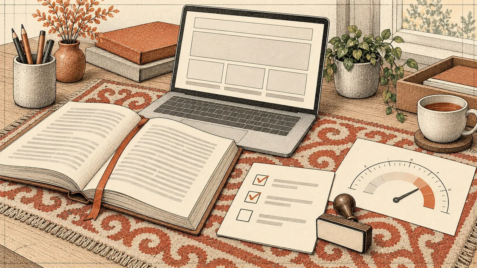 Open bound code book with a ribbon bookmark, a checklist with two ticks, a rubber stamp, a laptop with a blank page and a risk gauge sketch on a Kyrgyz felt rug