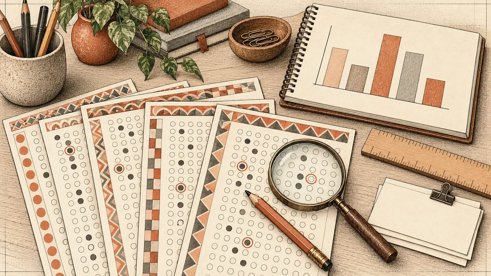 Five exam answer sheets with marked bubbles, a magnifying glass, and a notebook with a hand-drawn bar chart