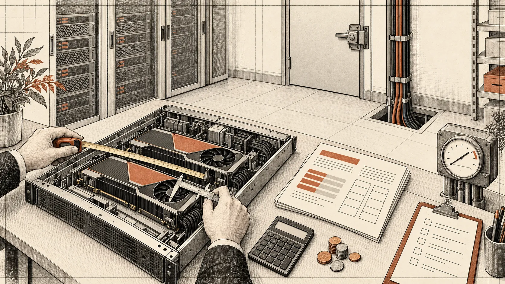 An open rack server with two GPUs being measured with a tape and calipers, next to a calculator, a power meter and a locked server room door