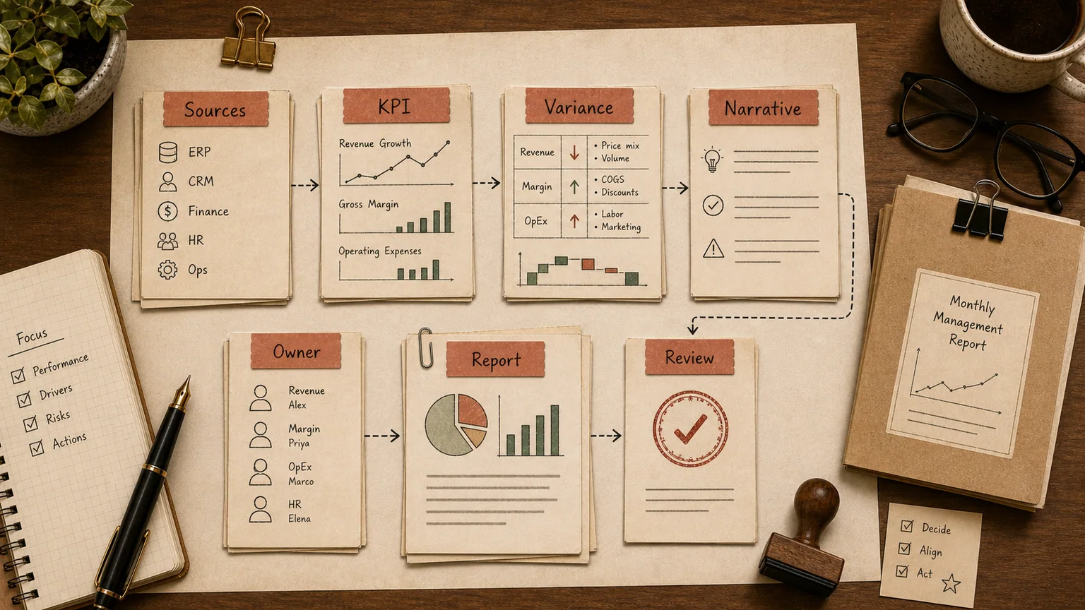 Management reporting with AI: data pulled from the ERP and spreadsheets, reconciled, with a drafted variance commentary for review