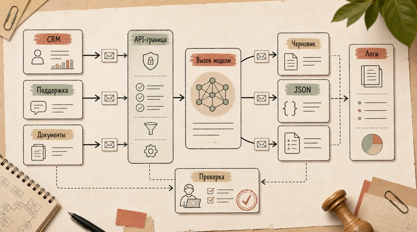 Архитектурная схема, где CRM, поддержка и документы отправляют API-запросы к модели с логами и проверкой человеком