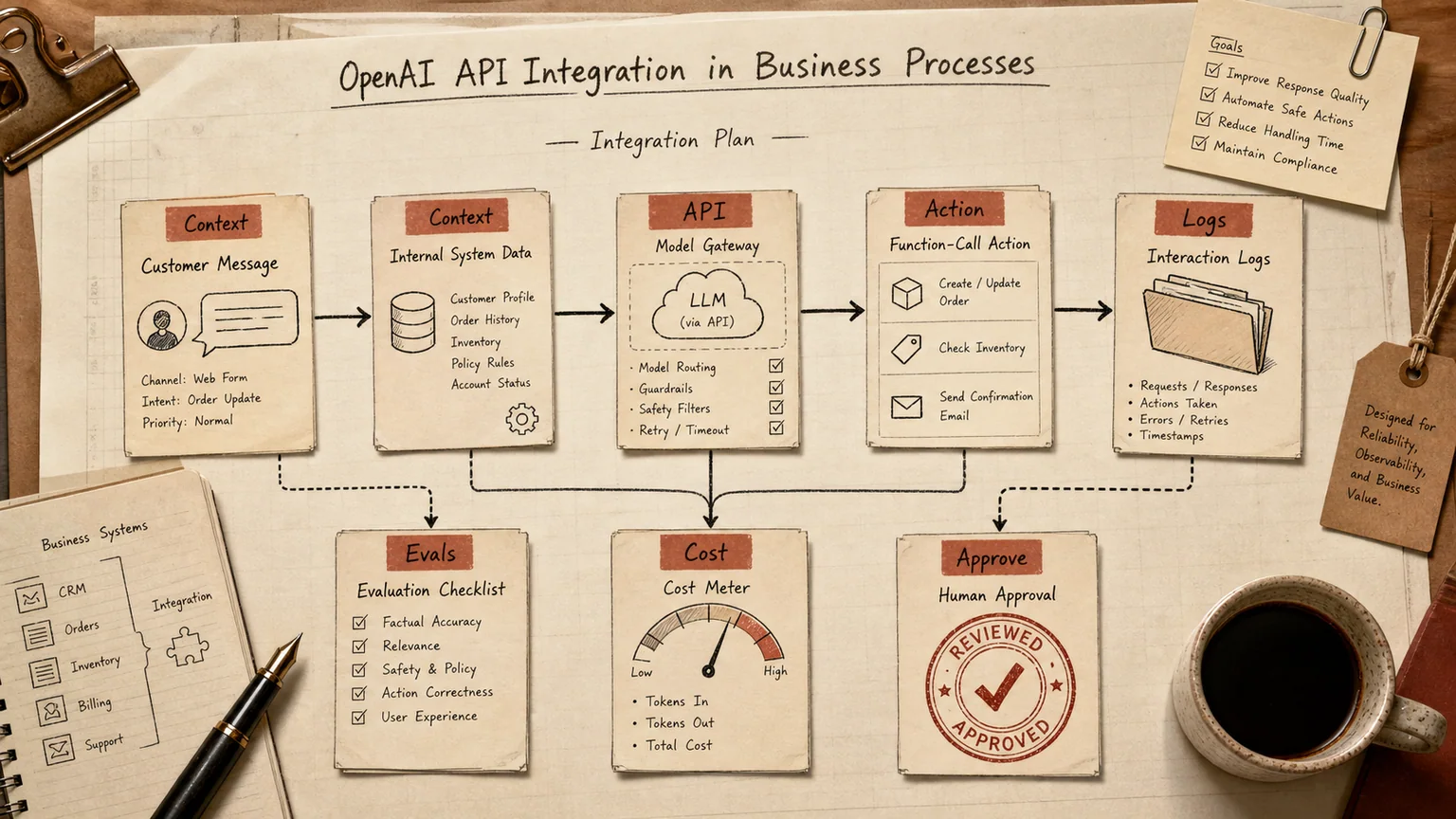 Diagram of OpenAI API integrated into support, document, and CRM workflows