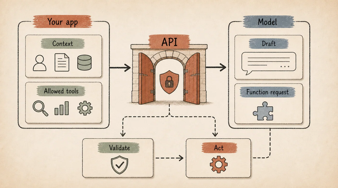 Boundary diagram showing your app sending context and allowed tools through an API gate to a model, then validating before action