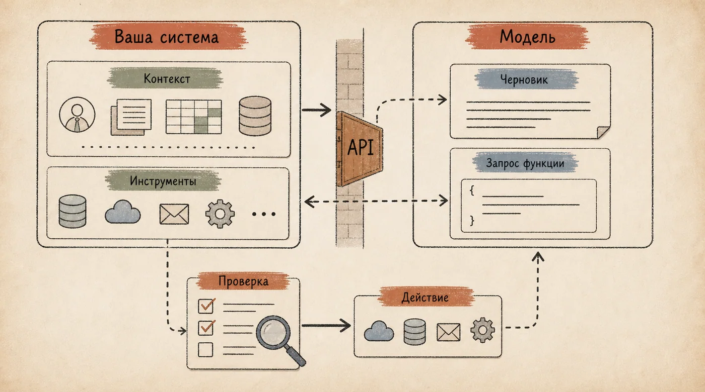 Схема API-границы: система передаёт контекст и инструменты модели, затем проверяет черновик или запрос функции
