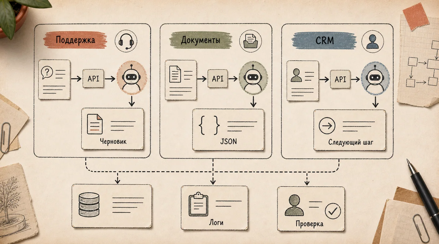 Доска трёх интеграций OpenAI API: поддержка, документы и CRM с черновиком, JSON, логами и проверкой