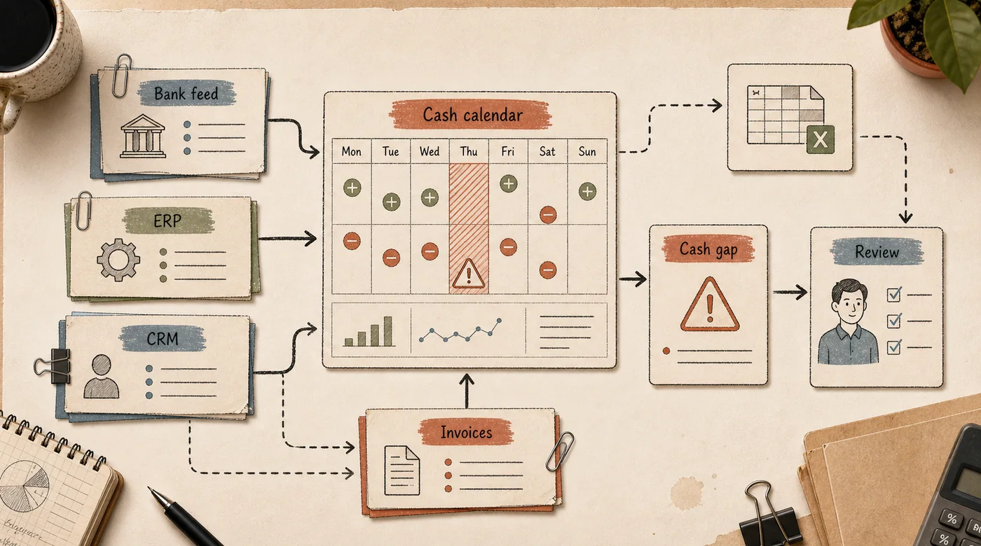 Payment calendar automation map with bank feed, ERP, CRM, invoices, cash calendar, cash gap, and review