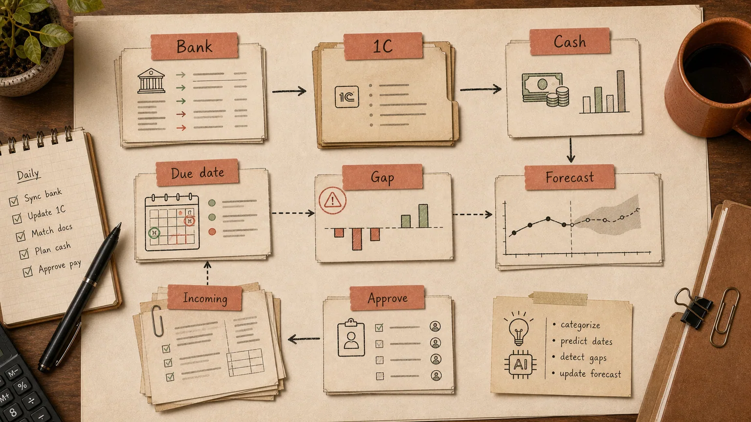 AI-driven payment calendar dashboard showing forecasted receipts, disbursements, and a flagged cash gap