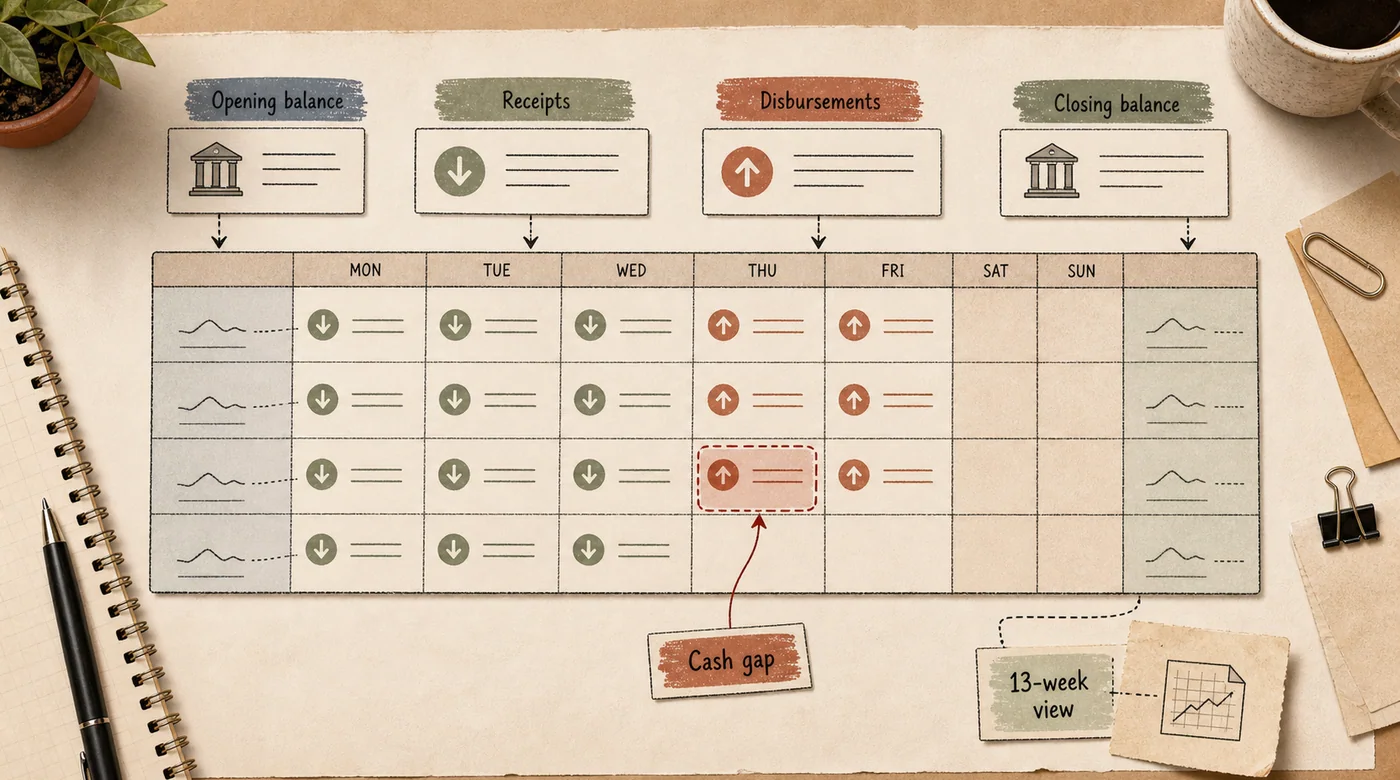 Treasury worksheet showing opening balance, receipts, disbursements, closing balance, cash gap, and 13-week view