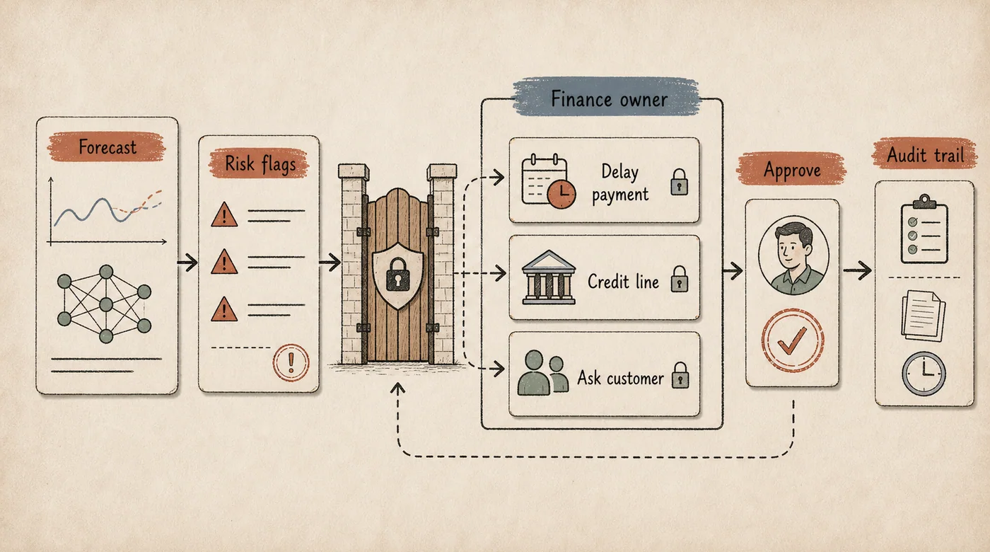 Finance governance board where forecast risk flags require an owner to approve payment delay, credit line, or customer request