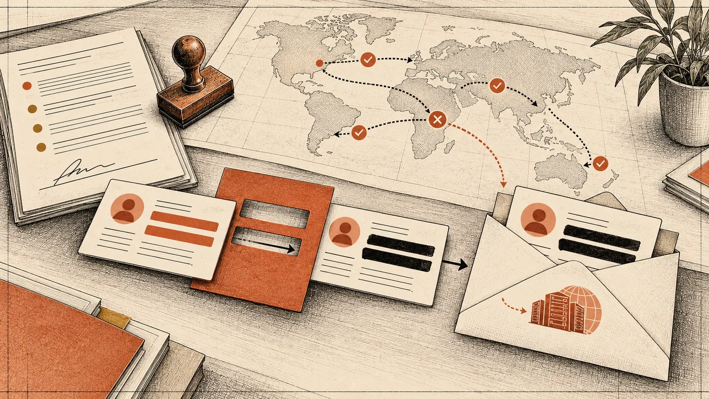 A customer record card passes through a redaction stencil that blacks out name and phone before it goes into an envelope to a distant server, next to a map of countries with approval stamps