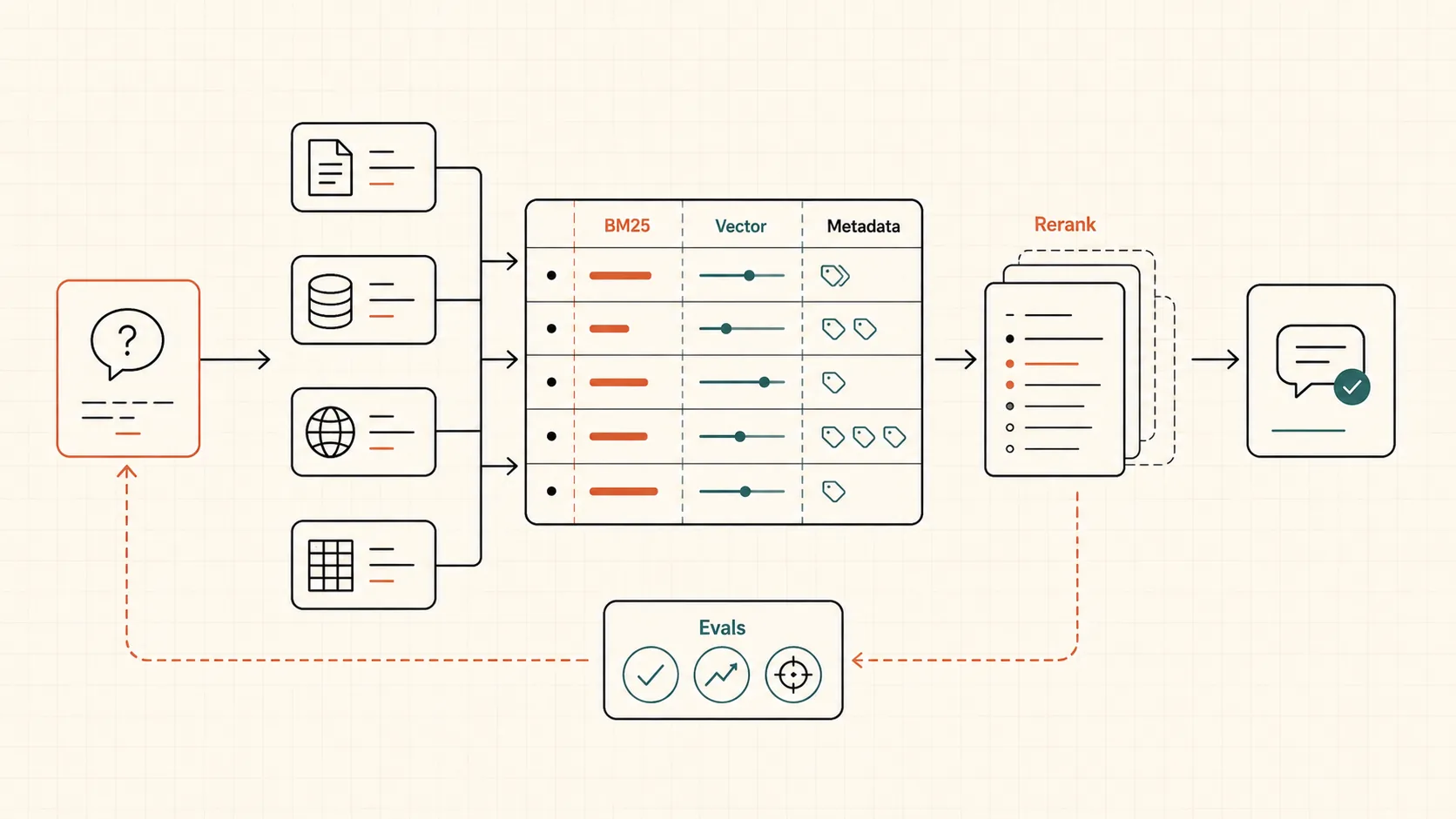 RAG pipeline с BM25, vector search, reranking, источниками и evals