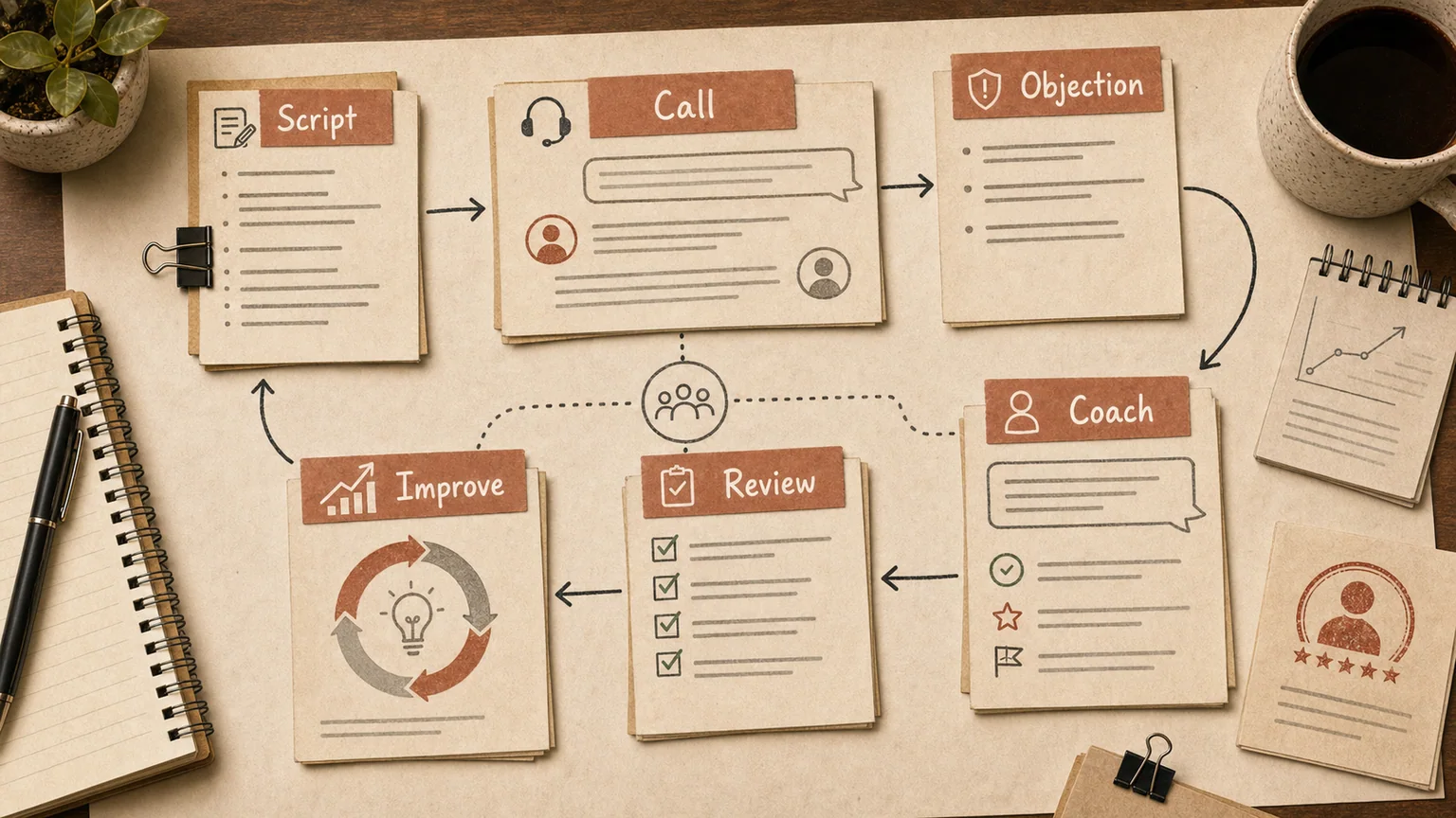 Sales call script with objection branches next to a call transcript and compliance flags