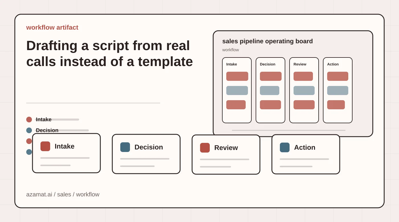 Sales AI board with lead card, CRM fields, follow-up task, manager review, and funnel signal for the Drafting a script from real calls instead of a template section