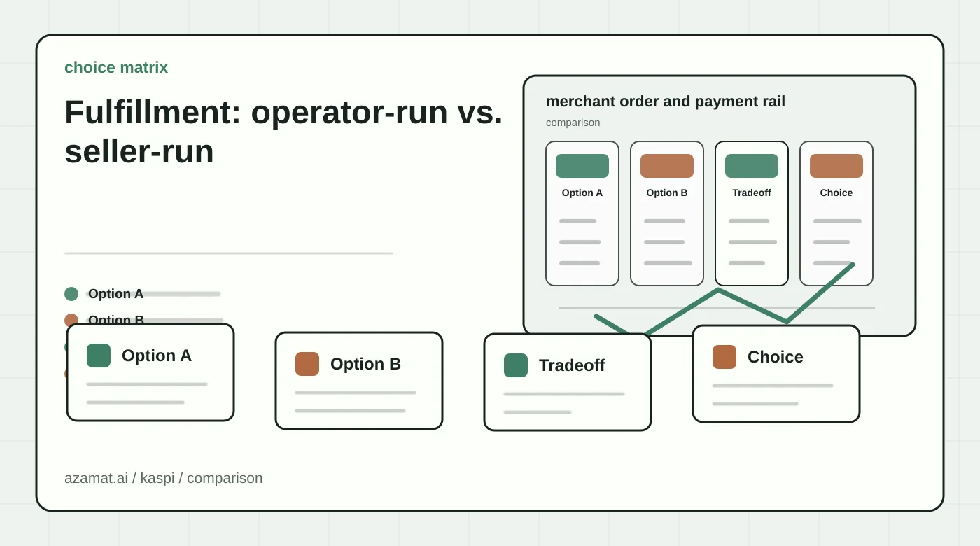 Kasakhstan marketplace integration map with merchant order, XML stock feed, QR payment, and receipt for the Fulfillment: operator-run vs. seller-run section