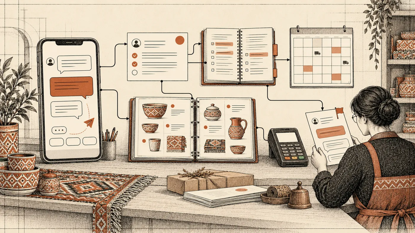 A shop counter with a phone showing a chat with buttons, threads leading to an order card, a catalogue, a delivery calendar and a card terminal, and a clerk taking over one flagged conversation
