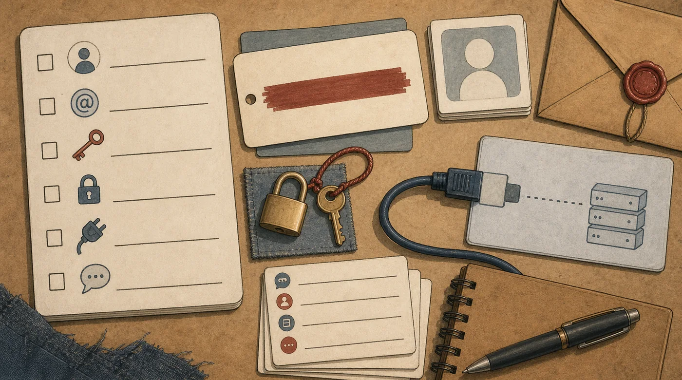Conceptual setup kit with checklist cards, a redacted API token, lock, command cards, webhook cable, and backend connection