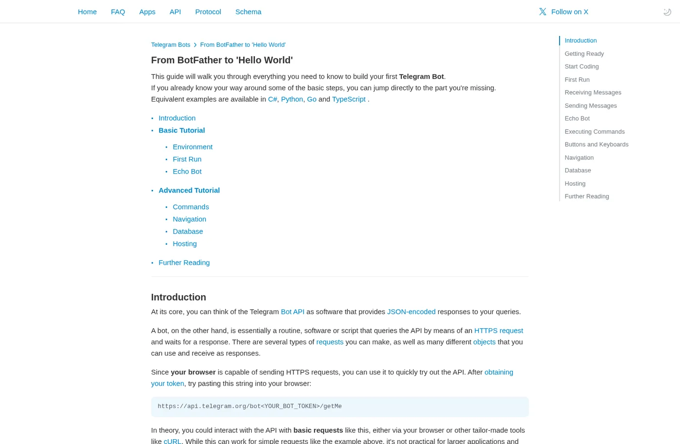 Source screenshot: the official Telegram Bots tutorial, July 2026