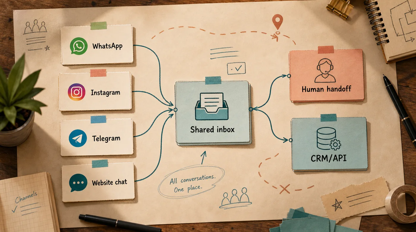 Paper operations map showing WhatsApp, Instagram, Telegram, and website chat cards converging into a shared inbox, then routing to human handoff and CRM/API