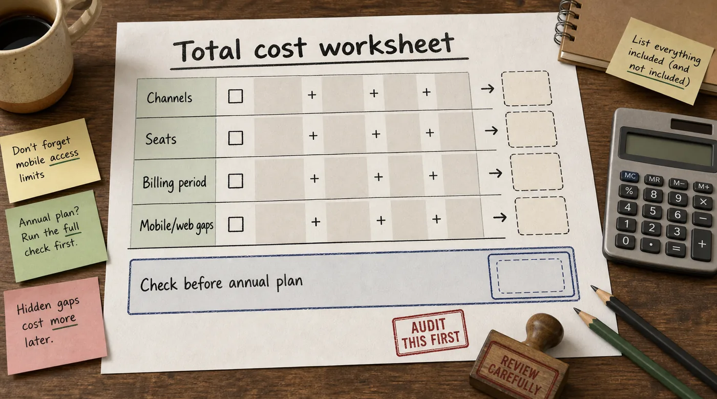 Total-cost worksheet for modular Umnico pricing with channel, seat, billing-period, and mobile-web checks