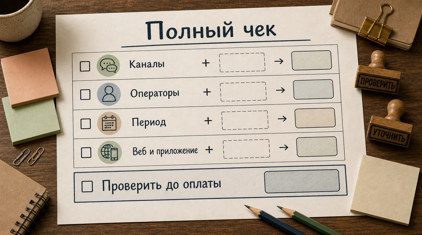 Рабочий лист полного чека Umnico с проверкой каналов, операторов, периода оплаты и веб-приложения