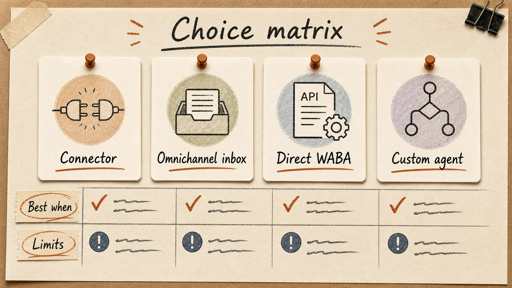 Choice matrix comparing a connector, omnichannel inbox, direct WABA, and custom agent by best-fit use and limits
