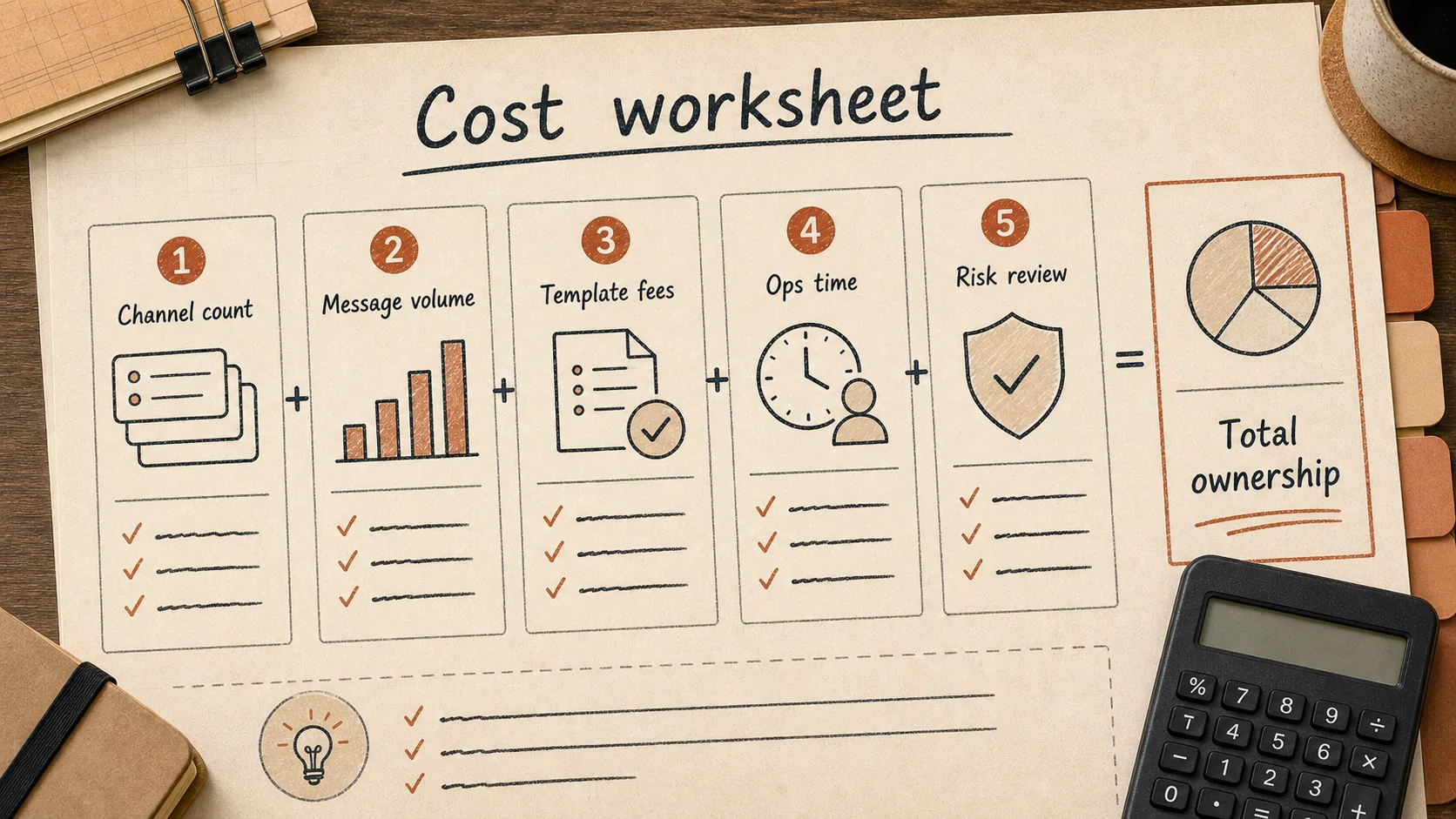Cost worksheet showing channel count, message volume, template fees, ops time, risk review, and total ownership