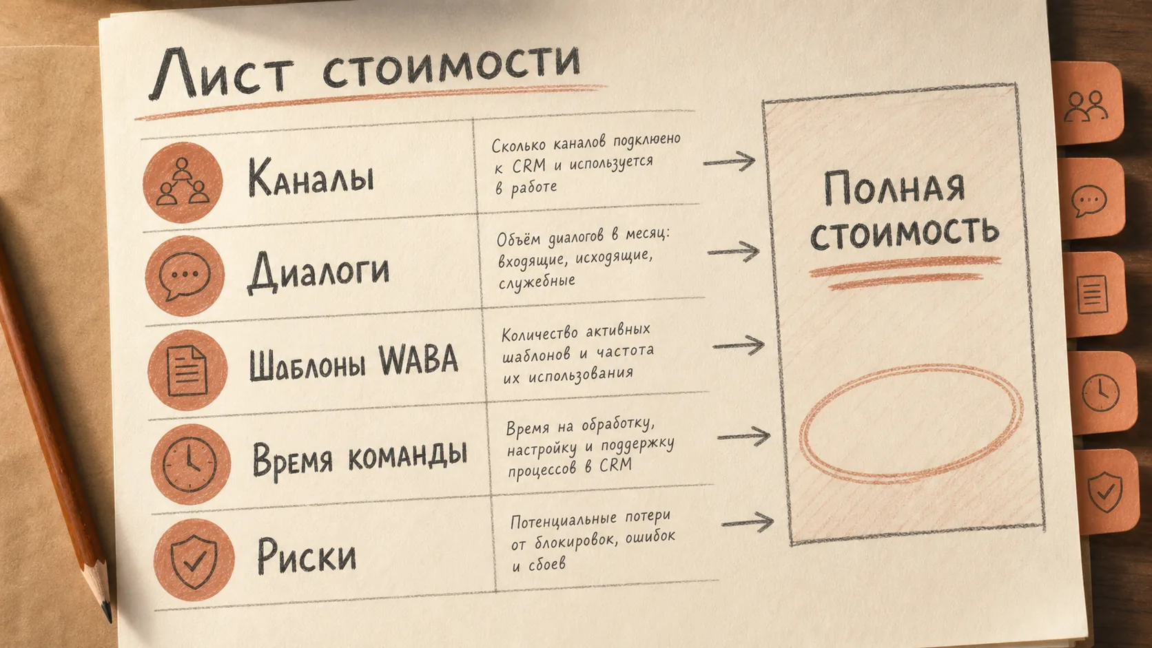 Лист стоимости с факторами: каналы, диалоги, шаблоны WABA, время команды, риски и полная стоимость