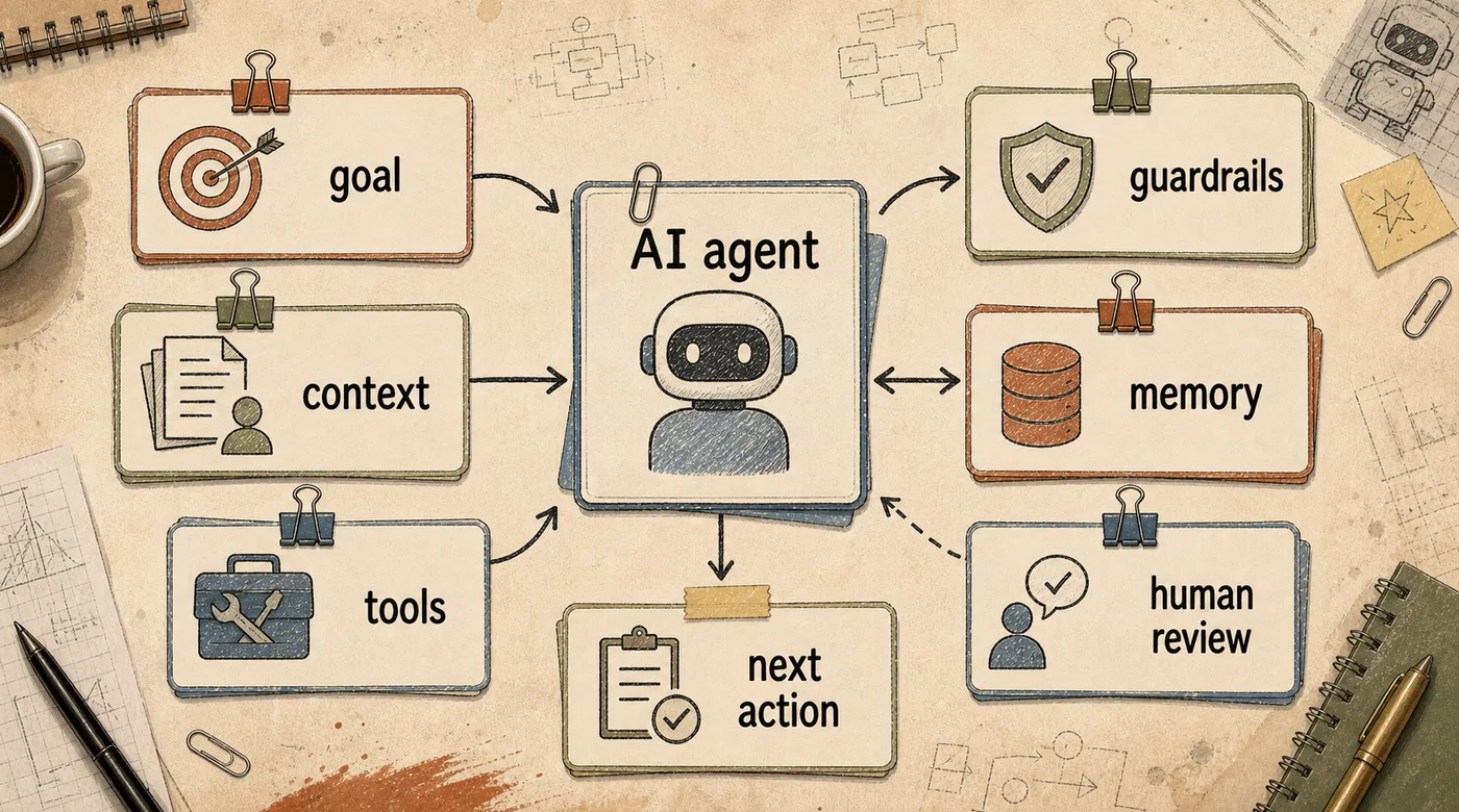 AI agent anatomy map with goal, context, tools, guardrails, memory, human review, and next action cards