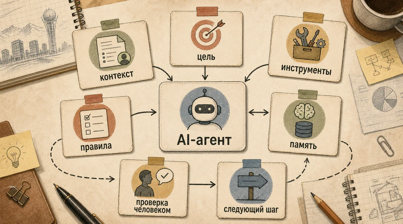 Карта устройства AI-агента с целью, контекстом, инструментами, правилами, памятью, проверкой человеком и следующим шагом