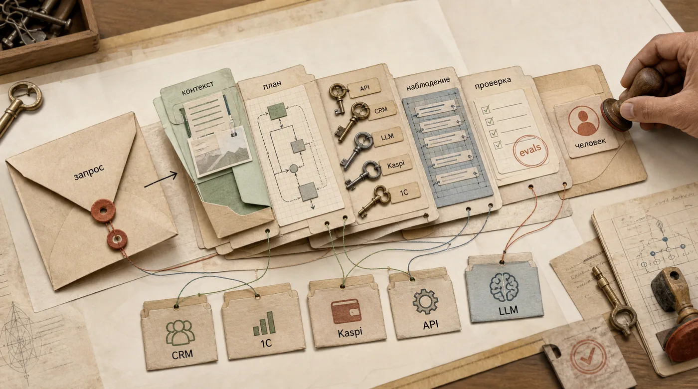 Exploded field-kit view of a business AI agent with request, context, plan, API, CRM, LLM, evals, and human handoff
