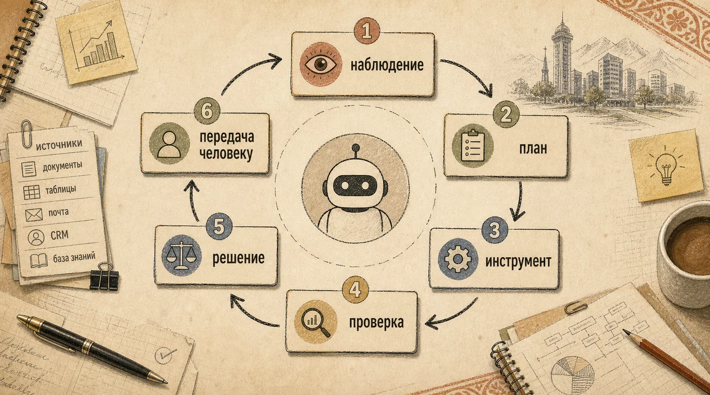 Цикл работы AI-агента: наблюдение, план, инструмент, проверка, решение и передача человеку