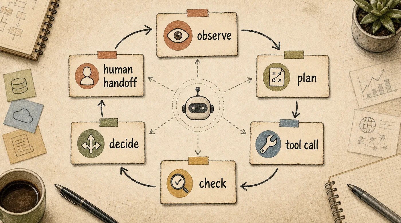 Circular AI agent loop with observe, plan, tool call, check, decide, and human handoff steps