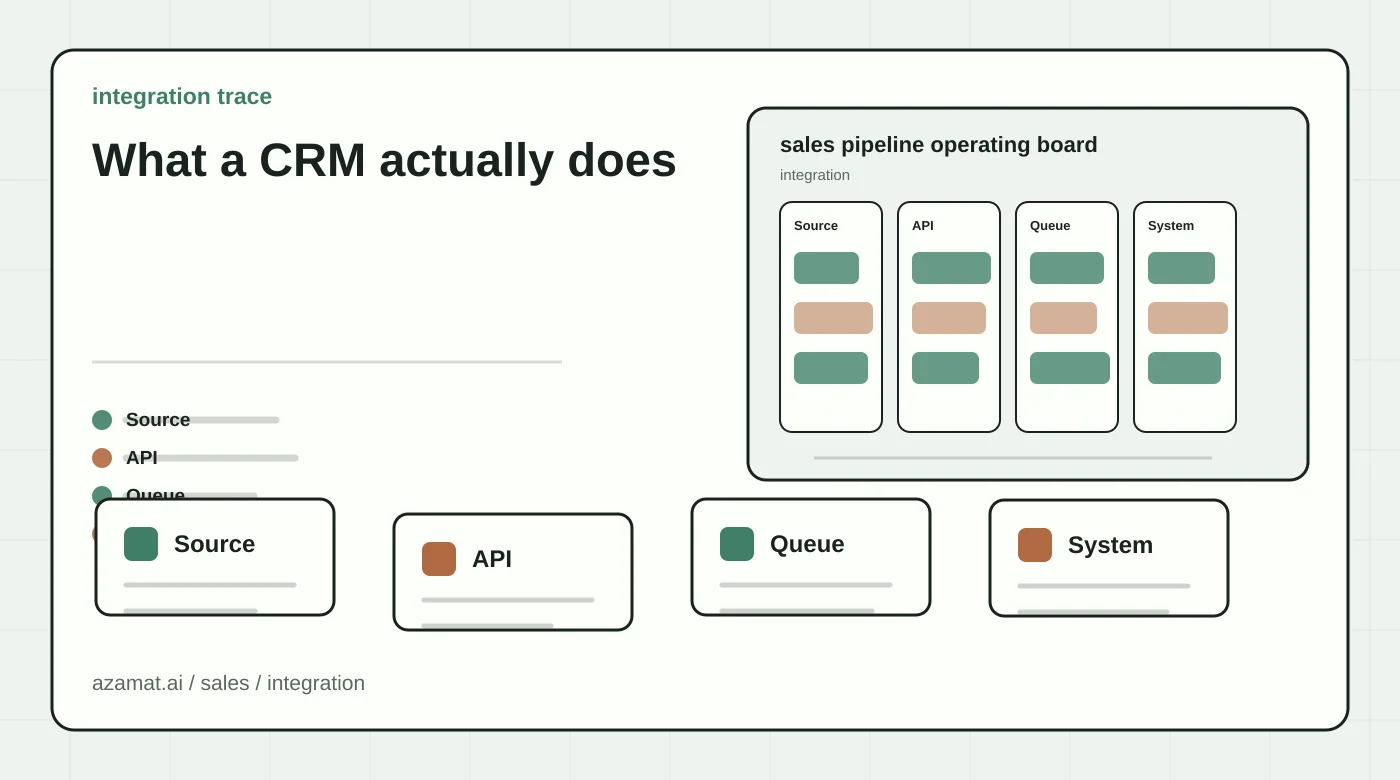 Sales AI board with lead card, CRM fields, follow-up task, manager review, and funnel signal for the What a CRM actually does section