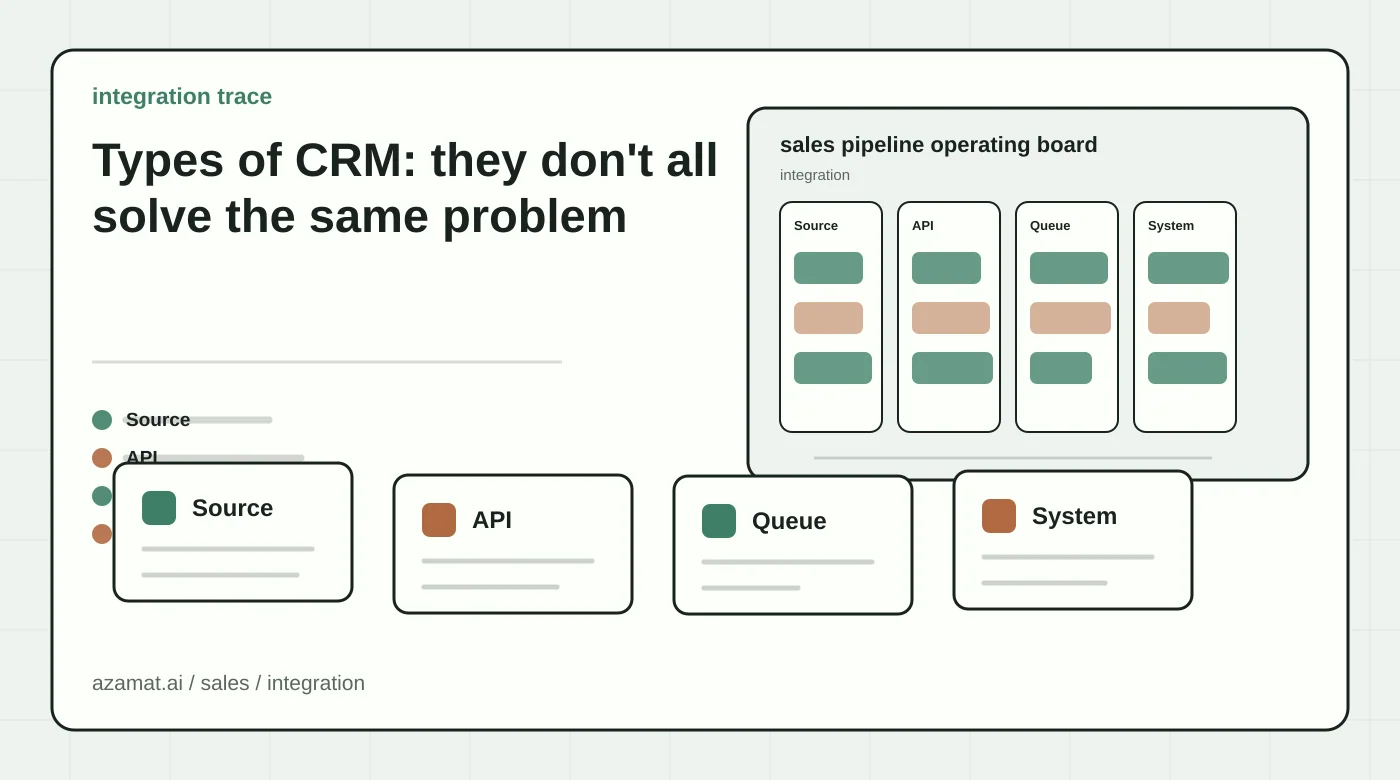 Sales AI board with lead card, CRM fields, follow-up task, manager review, and funnel signal for the Types of CRM: they don't all solve the same problem section