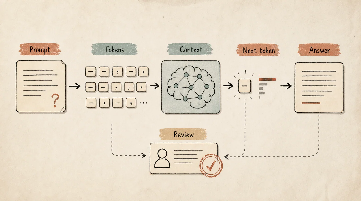 Educational diagram showing a prompt split into tokens, context, next-token generation, answer, and review